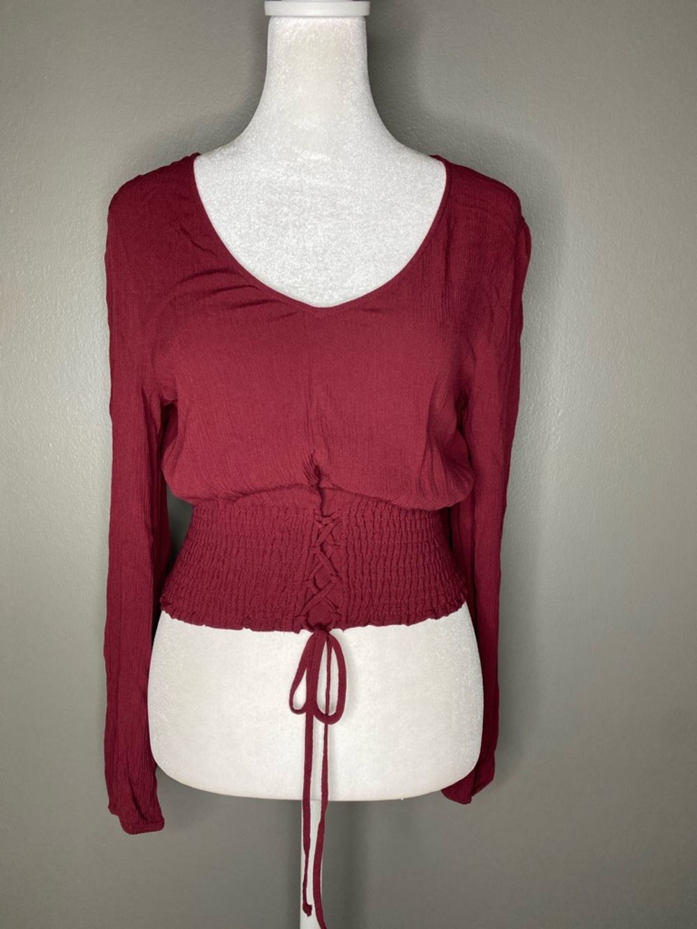Hollister Y2K Burgundy Long-Sleeve Smocked Tie-Waist Top - Size S